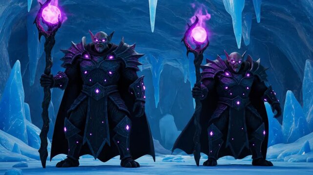 Dark Sorcerers in Ice Cave - Two dark sorcerers stand menacingly in a blue ice cave. The sorcerers are clad in black armor with glowing purple gems and wield staffs with magical orbs.