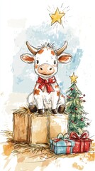 Naklejka premium Snowy Outdoor Landscape Featuring Beautifully Decorated Christmas Tree with Festive Lights and Blurred Bokeh Background