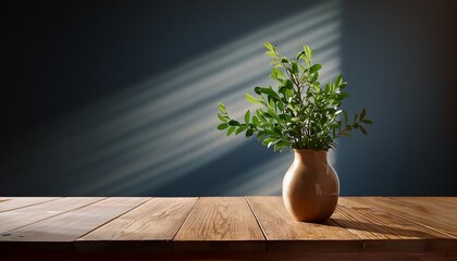 A Vase With A Plant In It Sits On A Wooden Table