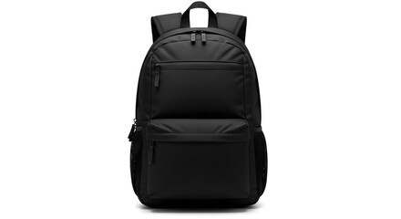 Naklejka premium A black backpack with multiple compartments, straps, and zippers, isolated on a white background.