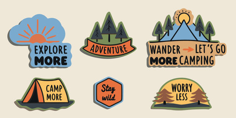 Collection of six outdoor adventure themed stickers with inspirational quotes for camping and exploration
