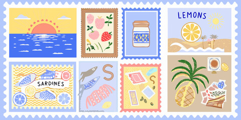 Collection of whimsical postage stamps featuring summer themes like fruit seafood and beach scenes
