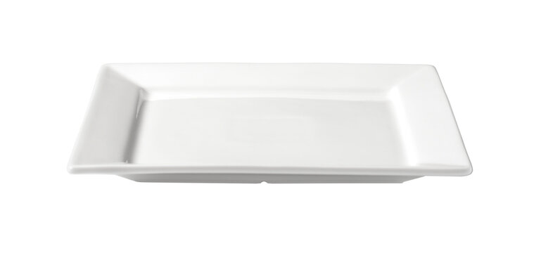 White rectangular ceramic plate empty on transparent background