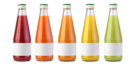 Colorful fruit juice bottles with blank labels on transparent background