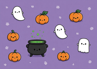 Charming Halloween pattern featuring adorable ghosts, pumpkins and bubbling cauldron