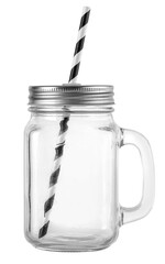 Empty mason jar drinking mug holding straw