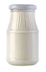 Glass jar with creamy yogurt on transparent background