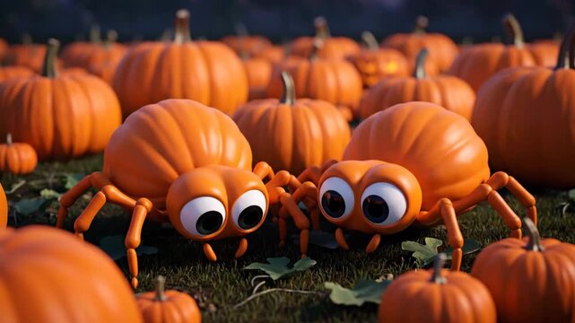 Spooky Pumpkin Patch Spiders - Two cartoon-like pumpkin spiders sit amongst a field of pumpkins on a grassy patch. The spiders have big eyes and are orange with spider-like legs.
