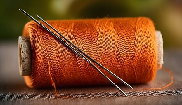 Close-up of a silver sewing needle threaded with orange thread, resting on a rustic wooden surface next to a full spool Warm tones and shallow depth of field create a cozy  handmade craftsmanship 