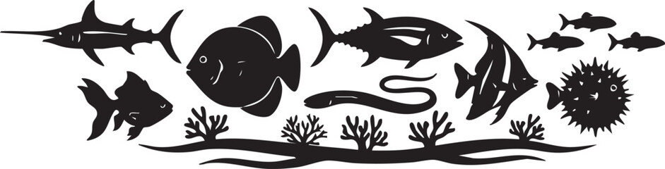 Underwater fish silhouette, marine animals, ocean life, coral reef vector illustration