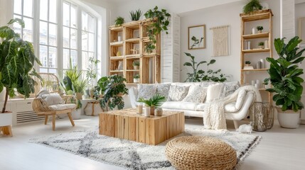 Obraz premium Bright Living Room with Indoor Plants, White Walls, and Wooden Accents