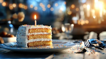 Slice of layered birthday cake with candle in festive ambiance