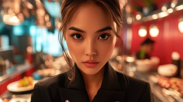 Focused asian female chef in a vibrant restaurant kitchen - Powered by Adobe