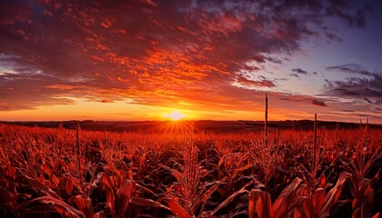 A Vibrant Sunset Casts An Orange And Red Glow Over The Horizon Silhouetting A Field Of Corn Stalks In The Foreground