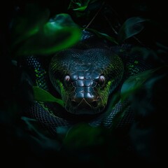 Fototapeta premium Emerald serpent emerging from lush foliage, eyes gleaming in the shadows.