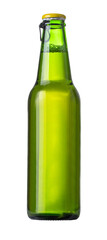 Green glass beer bottle with foam, transparent background