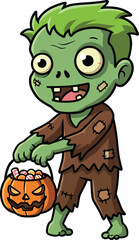 Cute cartoon green zombie boy in ragged clothes holding pumpkin candy bucket for halloween trick or treat illustrationCute cartoon green zombie boy in ragged clothes holding pumpkin 