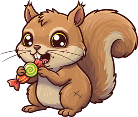 Cute cartoon squirrel eating candy, adorable animal character holding sweet treat, playful and colorful vector illustrationCute cartoon squirrel eating candy, adorable animal character holding