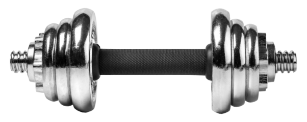 Adjustable chrome dumbbell for fitness training on transparent background
