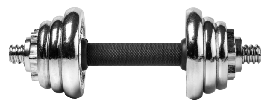 Adjustable chrome dumbbell for fitness training on transparent background