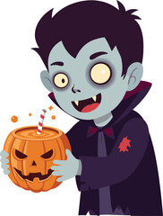 Cute halloween cartoon vampire boy holding pumpkin drink with straw perfect for spooky party celebration vector illustration designCute halloween cartoon vampire boy holding pumpkin 