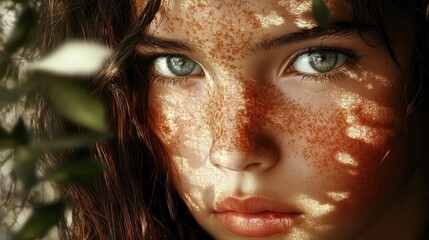 Close-up of young female with freckled face and green eyes in nature setting
