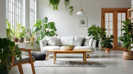 Bright Living Room with Indoor Plants, White Walls, and Wooden Accents