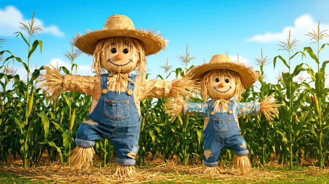 Two Scarecrows in a Cornfield - The video shows two scarecrows standing in a cornfield on a bright, sunny day. Both scarecrows are wearing straw hats and denim overalls with patches and smiling faces.