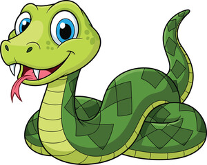 Cartoon green snake illustration, cheerful reptile character, smiling serpent with fangs, coiled body pose, educational animal art, vector drawing, kids content