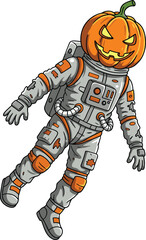Funny halloween pumpkin head astronaut character in detailed gray space suit floating in zero gravity cartoon vector illustrationFunny halloween pumpkin head astronaut character 
