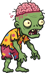 Funny cartoon zombie illustration with exposed brain, scary face, colorful clothes, horror character design for HalloweenFunny cartoon zombie illustration with exposed brain, scary face, 