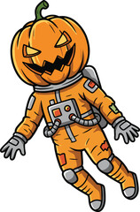 Halloween pumpkin head astronaut character in orange space suit floating in zero gravity cartoon vector illustrationHalloween pumpkin head astronaut character in orange space suit floating