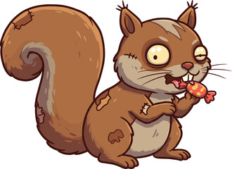 Funny zombie squirrel eating candy, cartoon undead animal character with patches, spooky and humorous vector illustrationFunny zombie squirrel eating candy, cartoon undead animal 