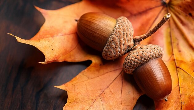 Close Up Of Acorns On Autumn Leaves - Powered by Adobe