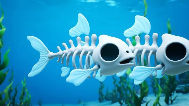 Cartoon Fish Bones Swimming Underwater - A comical video of two cartoonish fish skeletons connected together are swimming in the ocean.
