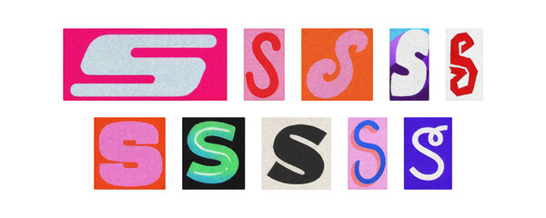 Vintage and modern letter S tiles, magazine collage, transparent PNG
