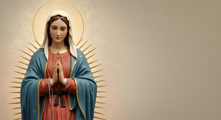 Virgin Mary Statue with Golden Halo and Rosary Beads