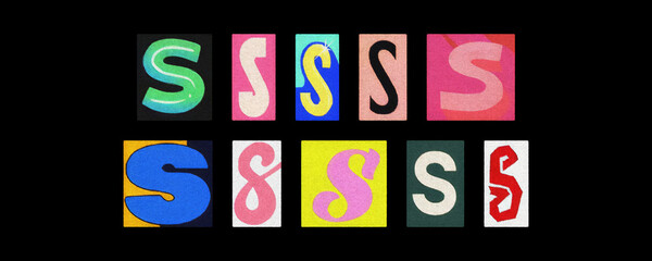 Vintage and modern letter S tiles collection, collage on black
