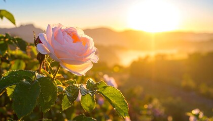 Beautiful pale pink rose at sunrise over a misty valley