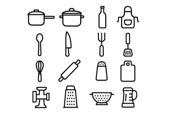 Kitchen tools and utensils arranged in a neat grid showcasing essential cooking equipment for home chefs