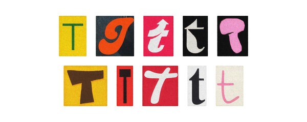 Magazine letter T cutout tiles collage set on transparent PNG
