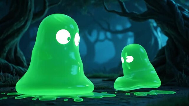 Green Slime Characters in a Forest - Two green slime creatures with big white eyes stand on the forest floor.