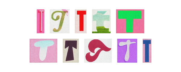 Typography letter T set in diverse styles, magazine cutouts PNG
