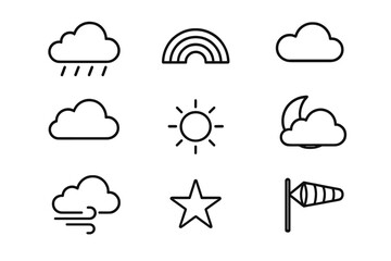 Weather symbols collection featuring clouds, rain, sun, rainbow, wind, moon, star, and flag