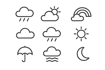 Various weather symbols illustrating sunshine, rain, clouds, and moon phases for educational and creative use