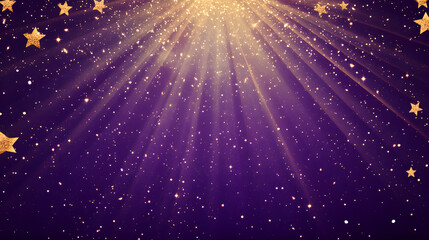Golden Sparkles and Light Rays on Purple Background