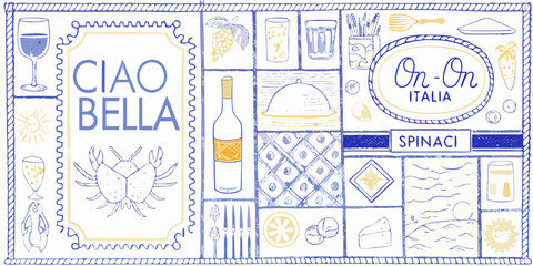 Whimsical italian restaurant collage with ciao bella and food illustrations