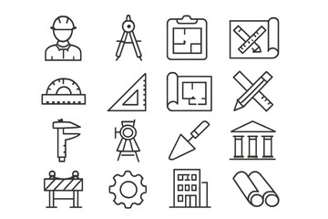 Tools and symbols for construction and engineering displayed in clear line art style