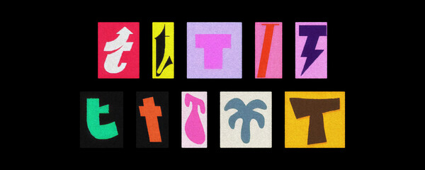 Vintage and modern letter T typography tiles, collage on black
