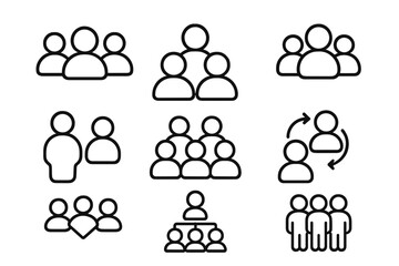 Various simple icons representing different group interactions and relationships in a minimalist style